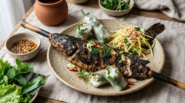 Charred Snakehead Fish Vietnamese Rustic Ceramic Plate Farm Table