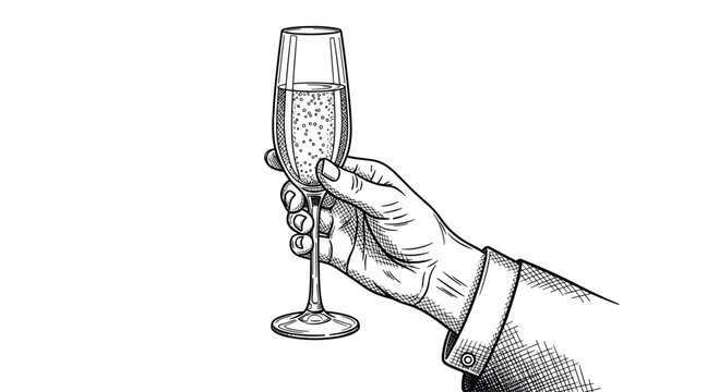 Detailed black and white engraving of a hand elegantly holding a flute glass filled with sparkling champagne for a celebration.