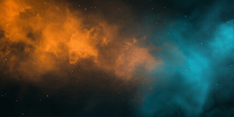 Fire and Smoke in Space Sky with Dark Clouds Bright Light Explosion Night Atmosphere and Cosmic Weather Background © RABBANU