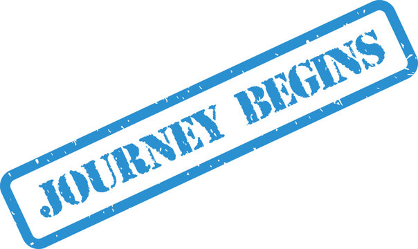 Blue rubber stamp with the text JOURNEY BEGINS diagonally on a clean white surface