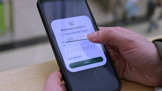 Modern mobile app UI demonstration featuring calorie tracking and data analytics. User monitors fitness progress through interactive charts on a smartphone. Ideal for software reviews and digital