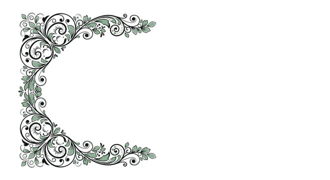 Elegant ornamental corner border pattern featuring intricate green leaf motifs and black swirling floral decorative elements.
