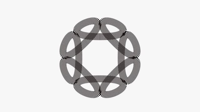 Abstract geometric motion with rotating interlocking  black lines on white background, animation pattern 4k video.