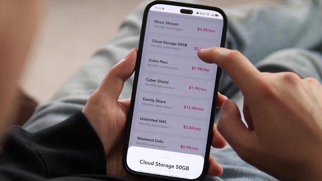 Browsing a list of monthly subscriptions on a smartphone. The screen displays Music Stream, Cloud Storage, and Video Pass options. Perfect for telecom apps, service upgrades, and digital subscription