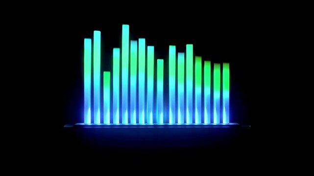 Digital sound waves moving across a black background, futuristic audio visualization featuring dynamic frequencies, music technology, glowing waveforms and modern motion graphics