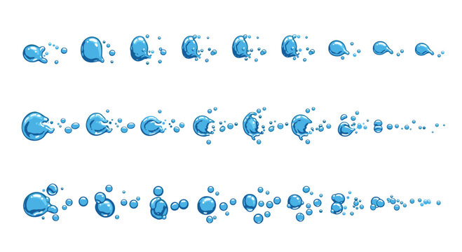 Multiple frames of pixel art blue water splash animations showing different stages of bubble and drop movement for games.