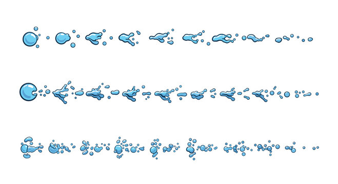 Pixel art animation frames showing a water spray stream and liquid drop trajectory for video game visual effects.