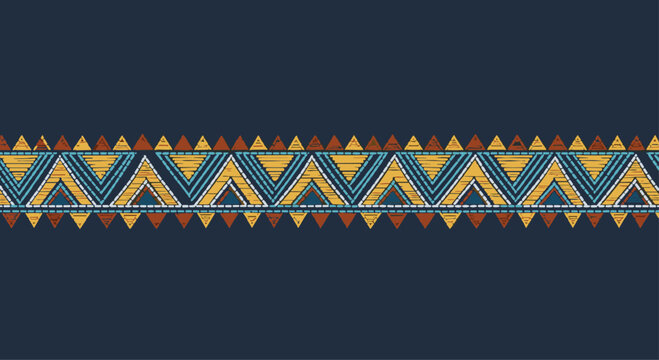 Ethnic-style horizontal border pattern featuring textured triangles in yellow, teal, and brown on a deep blue background.