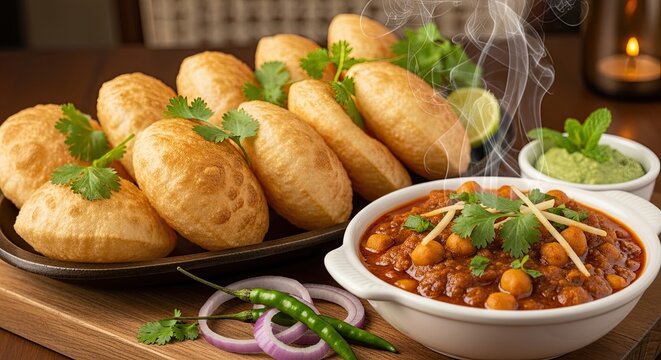 Traditional Indian chole bhature with puffed bread and curry