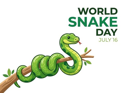 Cute green cartoon snake wrapped around a tree branch for world snake day celebration