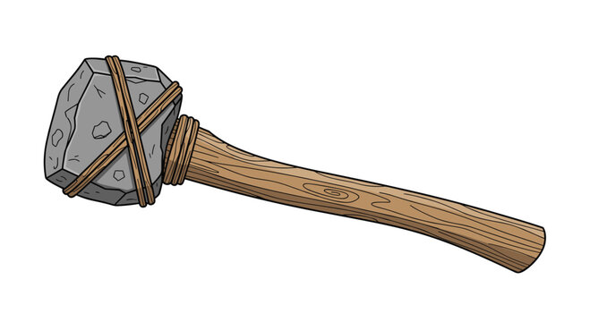 Illustration of a primitive stone axe featuring a rough head tied securely to a wooden handle with thick cord or twine.