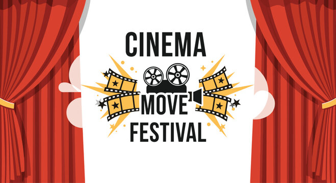 Cinema movie festival branding includes a vintage camera and film strips framed by theatrical red curtains on a white stage backdrop.