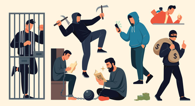 Detailed character set depicts various criminal activities including prisoners in jail, heists, and masked thieves carrying money bags.