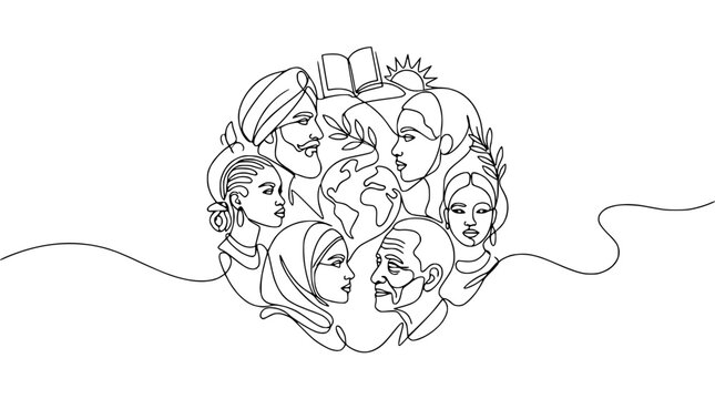 Diverse people circle globe illustration, continuous line art, unity, culture, global community