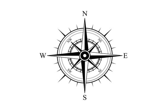 Vintage black and white navigational compass rose isolated on white background with navigation direction nautical geography adventure

