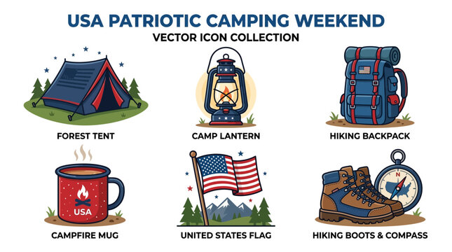 Patriotic camping weekend with tent, campfire, and hiking gear in forest.
