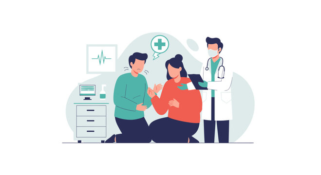 Doctor Consults Couple in Medical Office, Healthcare and Family Planning