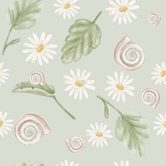 Botanical summer watercolor chamomile, leaves and snail shells seamless pattern on sage green background  © Olga