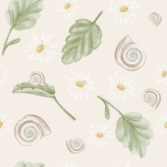 Luxury summer watercolor chamomile, leaves and snail shells seamless pattern on elegant ivory background © Olga