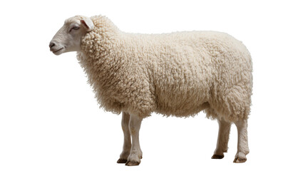Fototapeta premium Fluffy white sheep with thick wool standing profile view