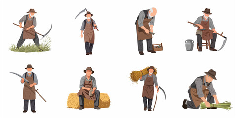 Vector set of an elderly farmer performing traditional harvesting tasks with a scythe
