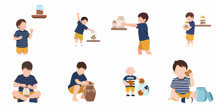 Set of illustrations featuring a little boy reaching for, opening, and eating cookies from a cookie jar, flat vector style