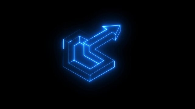 Neon blue isometric exit arrow sign glowing in dark background, for digital interface, and navigation concept 4k video.