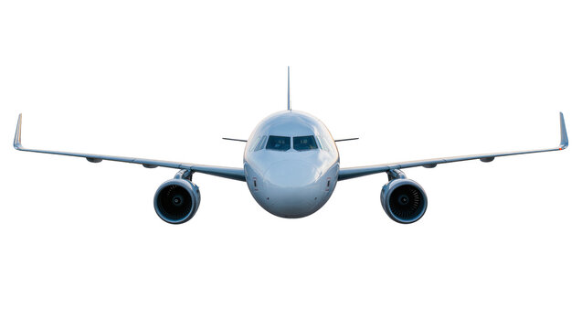 Commercial jet airplane front view with engines and wings