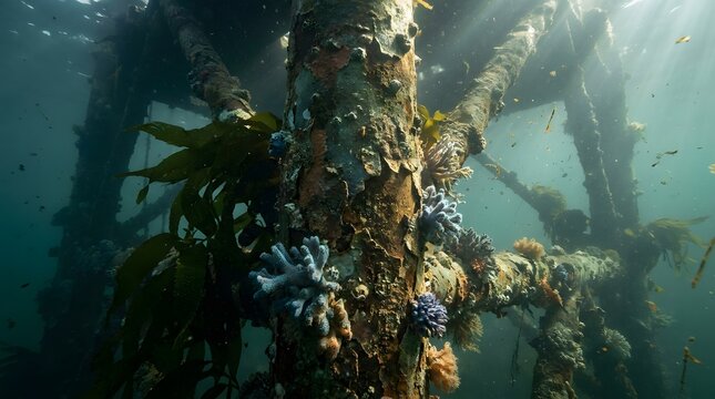 Submerged rusted metal pier pilings heavily overgrown with marine vegetation and coral showcasing the resilience of ocean ecosystems adapting to manmade infrastructure