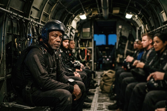 Serious senior African American paratrooper sitting inside military cargo airplane cabin before jump