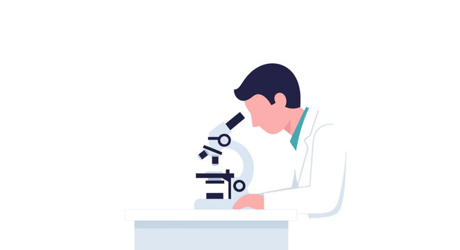 Scientist looking through microscope in laboratory, flat illustration