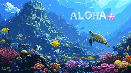 Vibrant underwater scene with a colorful coral reef, diverse marine life including fish and a sea turtle, and a mysterious submerged ancient temple, with 'ALOHA' text. © dilla