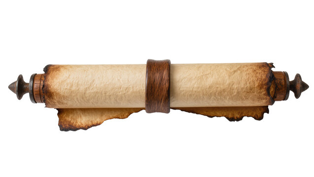 Antique parchment scroll with wooden ends and burnt edges