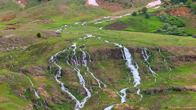 High angle view of winding mountain streams feeding Konarli Waterfall in Tercan highlands, Erzincan Turkey