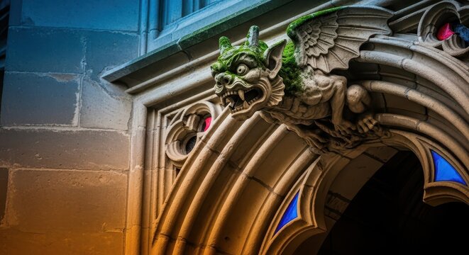 Detailed stone carving of a monstrous gargoyle figure integrated into a classic Gothic architectural archway on an ancient building structure, grotesque, archway, decoration