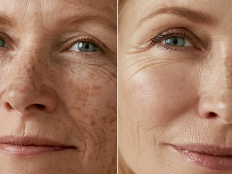 Before and after peptide eye cream comparison of mature woman's eye area. Crow's feet reduction and under-eye smoothing dermatology treatment results.