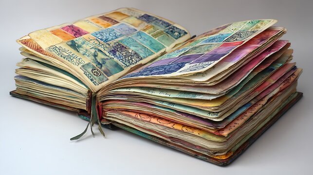 Colorful stack of fabric swatches and samples with various patterns and textures