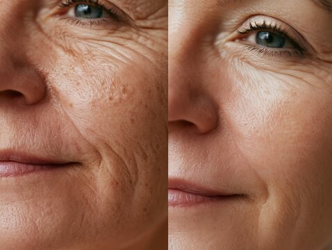 Before and after peptide serum comparison of mature woman's nasolabial folds. Deep wrinkle smoothing and skin tightening dermatology treatment results.