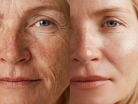 Before and after peptide cream comparison of blonde woman's nose and cheek. Pore refinement and texture improvement dermatology treatment results concept.