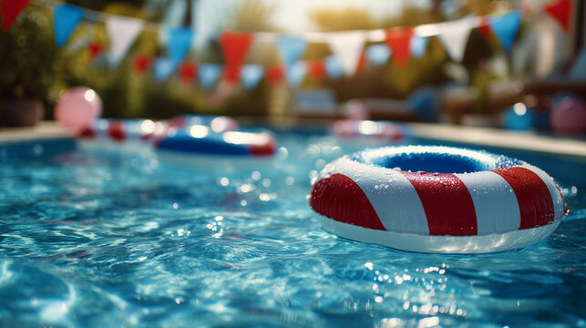 Inflatable swim ring in patriotic colors floating in a backyard pool during Independence Day celebration. Summer vacation, family fun, outdoor party and festive holiday background.