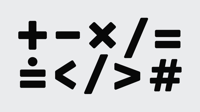 Mathematical symbols solid glyph icons set featuring black vector signs of plus minus multiply divide equals and hash tags