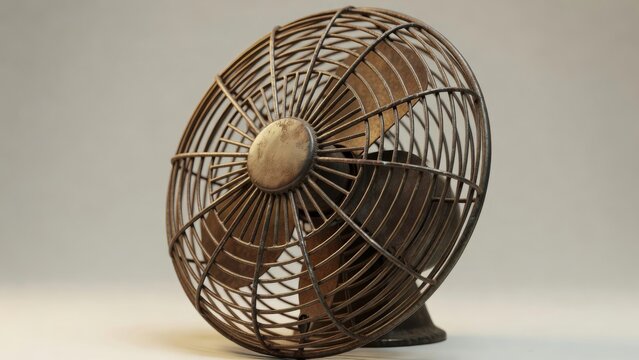 Vintage electric fan cage side view with rusted wires and compact antique desk fan