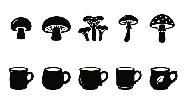 Set of hand drawn mushroom and ceramic cup icons in black silhouette style.