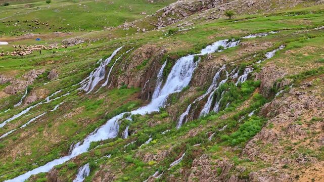 eautiful mountain stream and cascading water of Konarli Waterfall in rural Erzincan