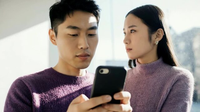 Young Asian couple looking at a smartphone together. Man and woman in purple sweaters browsing content on a mobile device. Modern technology and social interaction concept
