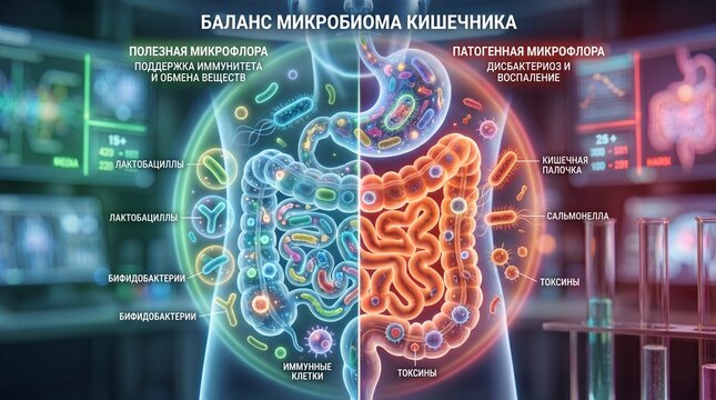 Human gut microbiome with glowing bacteria in digestive system, intestine and stomach, medical 3D illustration, gut health concept	