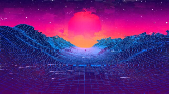 Glitching 80s synthwave landscape with blue grid mountains and sun over arcade space planet canyon