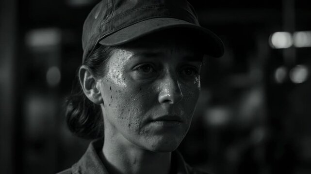 Close-up portrait of a tired female factory worker with a dirty face. Black and white historical footage of women in the workforce during World War I and World War II