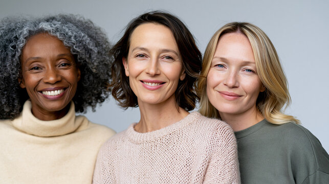 Three smiling women portrait on gray background