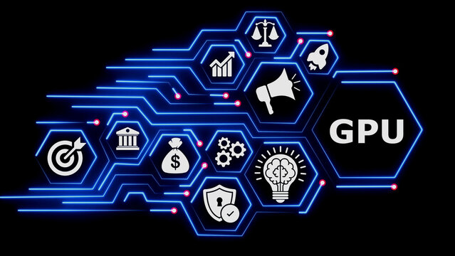 Graphics processing unit digital concept with glowing neon hexagons.